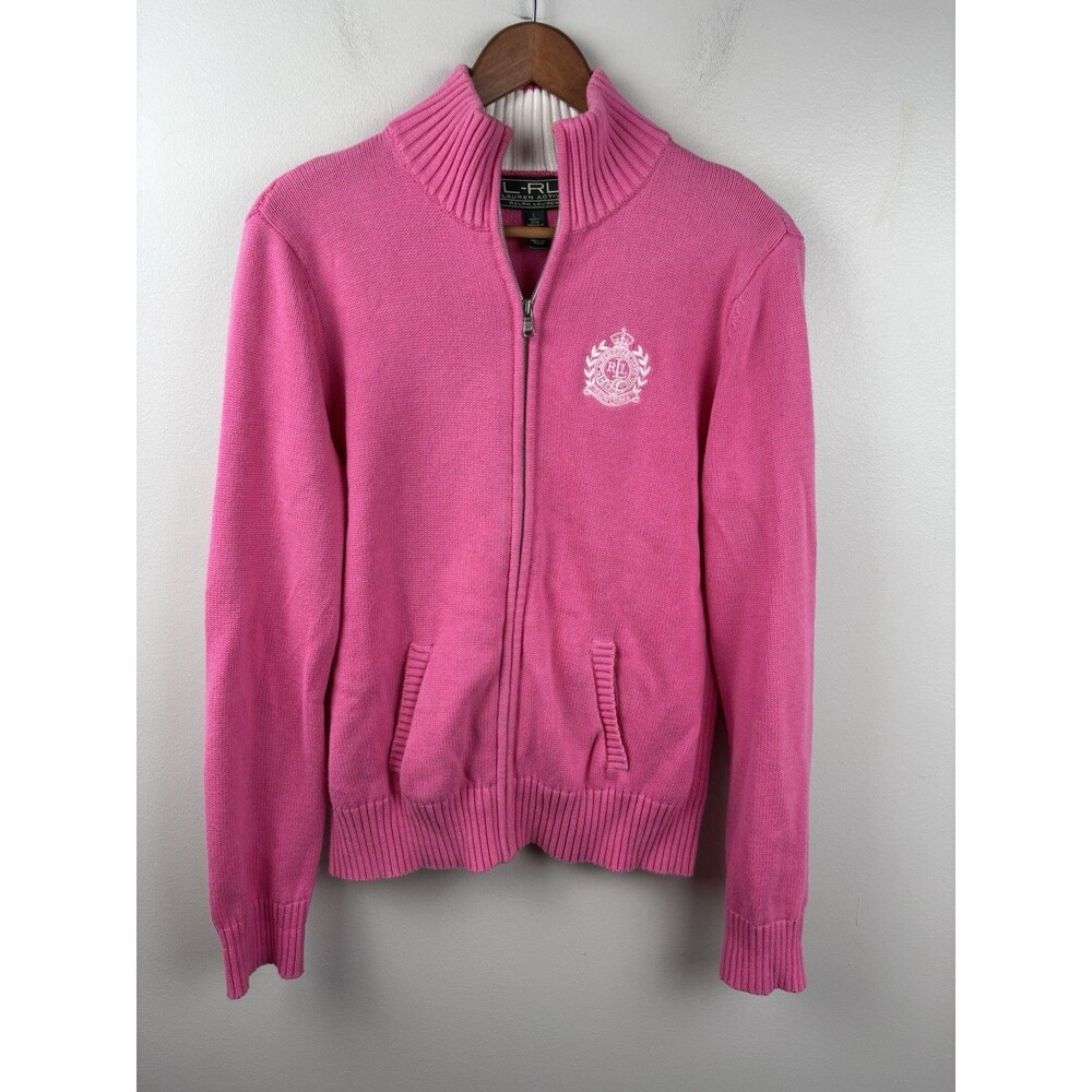 Lauren Ralph Lauren Active Cable-Knit Mock Neck Cotton Full Zip Logo Cardigan Lg